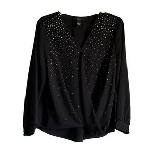 Alfani Womens Petite Large Black Long Sleeve VNeck Embellished Blouse NWT